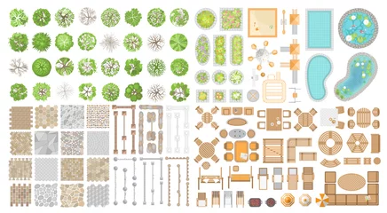 Fototapeten Vector set. Collection for landscape design, plan, maps. (Top view) Trees, flower beds, playground, ponds, swimming pools, pavement, fences, furniture. (View from above)  © Алексей Шпадарук