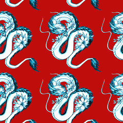 Seamless pattern with dragons on a red background