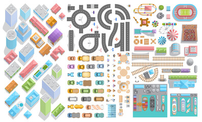 Set of landscape elements. City. (Isometric view from above) Houses, buildings, skyscrapers, attractions, railroad, road, port, stadium. (Top view) 