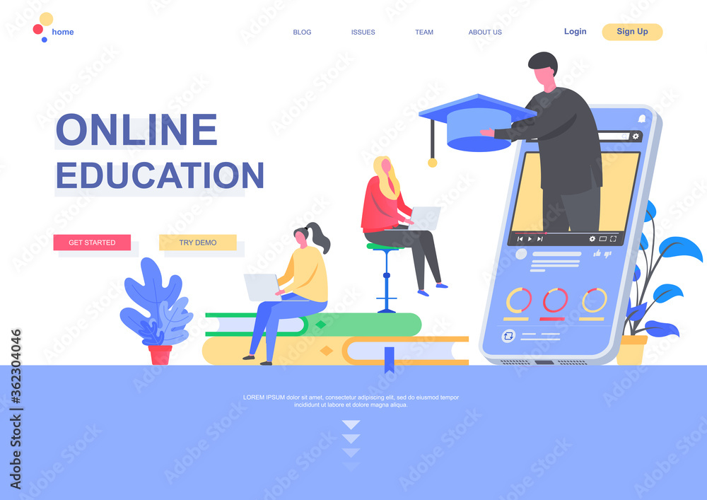 Poster online education flat landing page template. distance learning students, professional courses and sk
