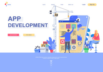App development flat landing page template. Front end and back end development, developer create mobile application situation. Web page with people characters. Software engineering vector illustration
