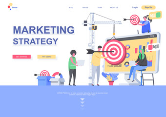 Marketing strategy flat landing page template. Segmentation, targeting and positioning, analytic team working situation. Web page with people characters. Digital marketing agency vector illustration