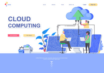 Cloud computing flat landing page template. Big data processing and cloud storage technology, IT specialist working situation. Web page with people characters. Hosting platform vector illustration.
