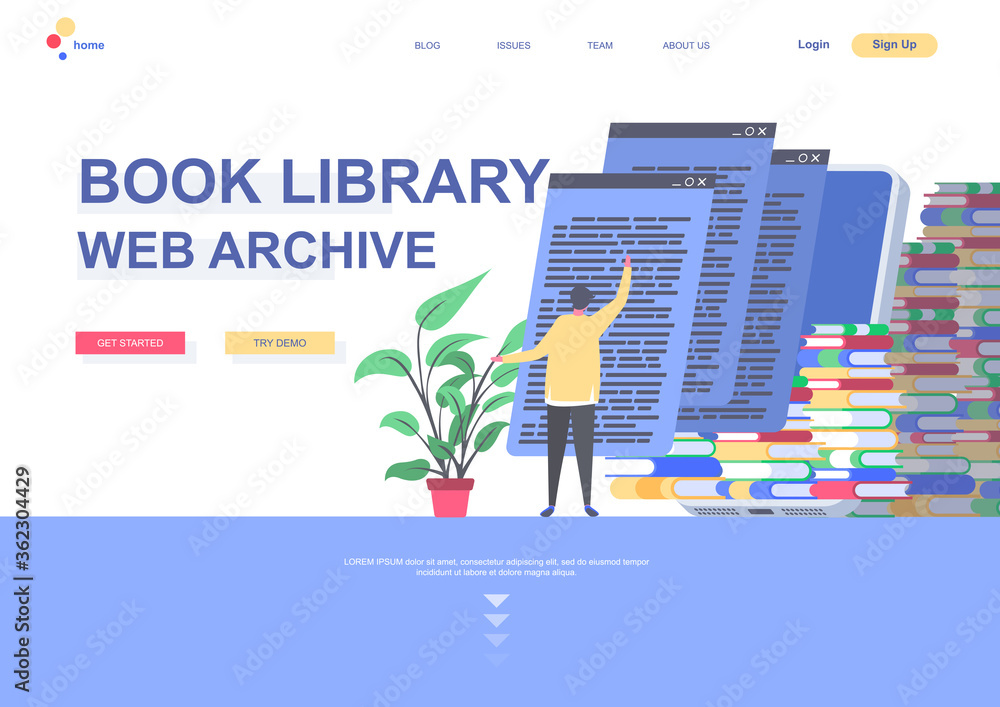 Aufkleber Book library web archive flat landing page template. Distance education and knowledge, reading books at digital gadget situation. Web page with people characters. Online library vector illustration.