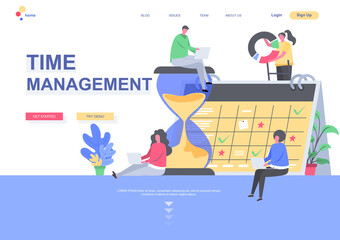 Time management flat landing page template. Developers team planning weekly schedule tasks on calendar situation. Web page with people characters. Work organization and efficiency vector illustration
