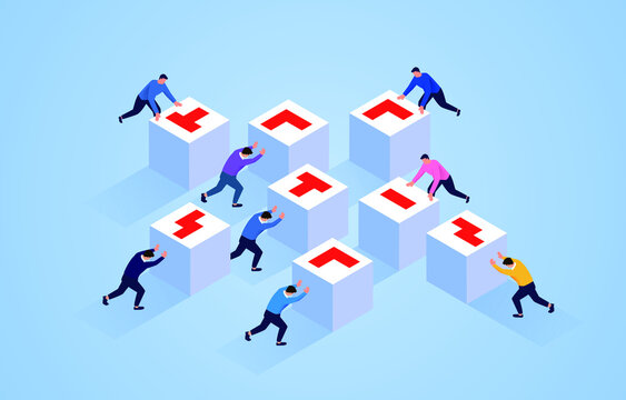 Team together puzzle jigsaw puzzle game, business solution concept illustration