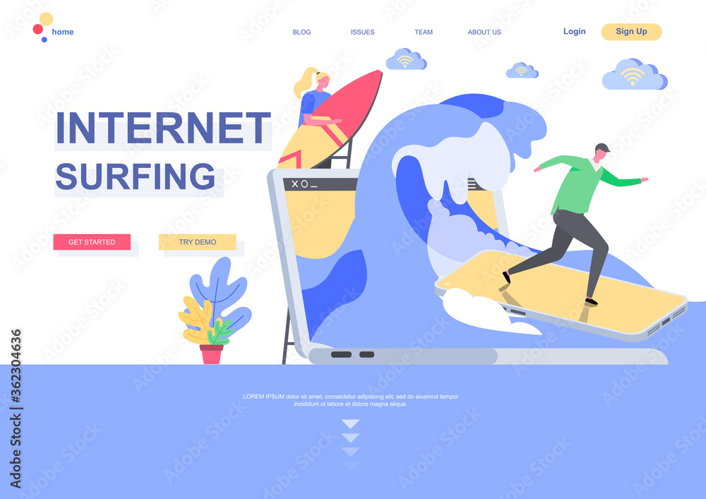 Leinwandbilder internet surfing flat landing page template. internet browsing, man surfing waves on smartphone as s