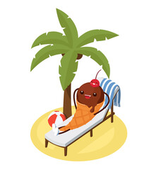 Funny ice cream character lying on a beach lounger under a palm tree. Chocolate ice cream cone with cherry berry. Stock vector. Summer vacation illustration.