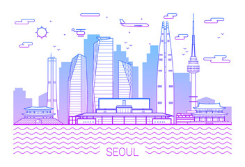 Obraz premium Seoul city, Purple Line Art Vector illustration with all famous towers. Linear Banner with Showplace. Seoul buildings set. White background and pink line.