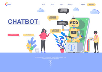 Chatbot flat landing page template. Developers programming online chatbot situation. Web page with people characters. Artificial intelligence, virtual assistant customer support vector illustration