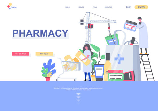 Pharmacy flat landing page template. Online drugstore shopping, pharmacist collect order situation. Web page with people characters. Pharmaceutical distribution, medicine store vector illustration.