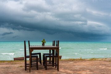 cafe by the sea during a storm on Koh Samui in Thailand, a restaurant without visitors, an empty restaurant on the beach