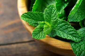 Green fresh mint in a bowl on the wooden table
