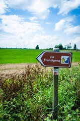Un segnale stradale che indica la direzione della Via Francigena in un campo vicino a Pavia