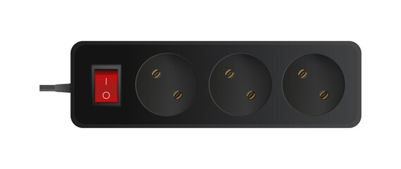 Black extension cord with three outlets. Portable power socket. Realistic style Vector.
