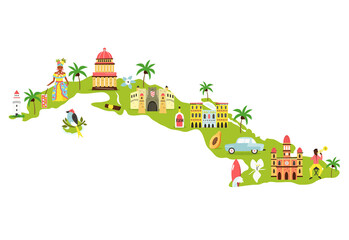 Bright illustrated map of Cuba with symbols, icons, famous destinations, attractions.