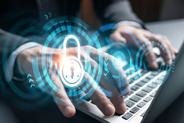 Businessman search for security options, typing laptop background and lock icons hologram.