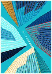 Modernes Stadt-Perspektive-Ansichts-Plakat, Geschäfts-Innenstadt-Illustration, Wolkenkratzer, Himmel, fliegendes Flugzeug