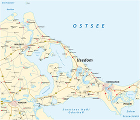 Road vector map of the Baltic Sea island of Usedom in German language, Germany, Poland - obrazy, fototapety, plakaty