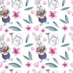 Seamless watercolor pattern with hares and flowers