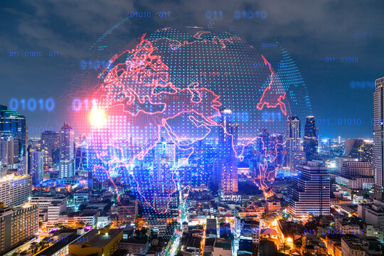 Hologram of Earth planet map on night panoramic cityscape of Bangkok, Asia. The concept of international companies. Multi Exposure. - Powered by Adobe