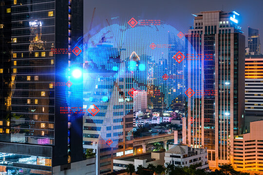 Hologram of Earth planet map on night panoramic cityscape of Bangkok, Asia. The concept of international companies. Multi Exposure.