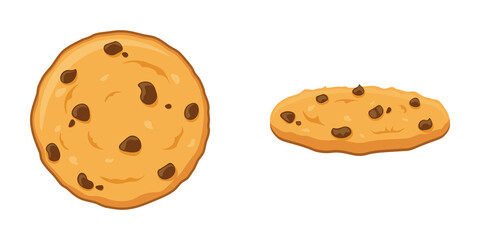 Chocolate chip cookies. Original cookies cartoon vector illustration isolated on white background. Top view and side view.