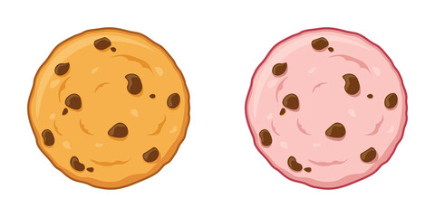 Chocolate chip cookies 2 flavor. Original and strawberry cookies cartoon vector illustration isolated on white background.
