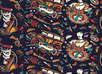 Mafia seamless pattern. Boss plays saxophone, bandits weapons, croupier, pin up girl. Traditional graphic style. Crime night casino noir. Criminal, old movie background. Gangsters