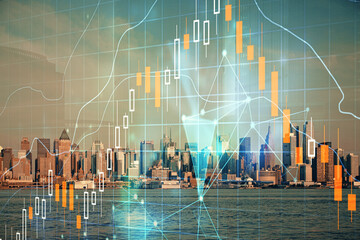 Forex chart on cityscape with skyscrapers wallpaper double exposure. Financial research concept.