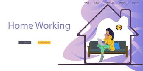 Freelance, work at home, Creative landing web page design template banner. Working space landing page vector template. Web page template with young woman working at home.flat style for poster, banner
