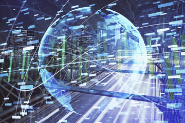 Double exposure of business theme hologram drawing and city veiw background. Concept of success.