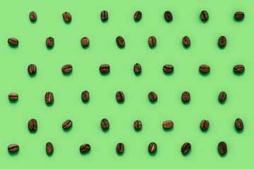 Lots of coffee beans stacked in rows. Pattern in a minimalistic style. Isolated on background