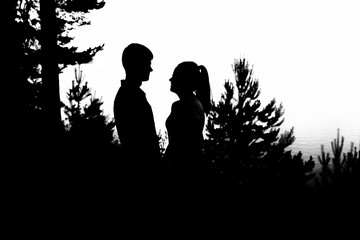 Silhouette of a couple, lovers, boy and girl, sunset