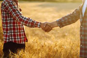 Handshake. Two farmer standing and shaking hands in a wheat field. Agricultural business.