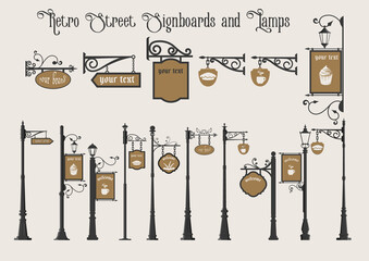 Old Street Signboards and Street Lamps on Pillar, Vintage Set, Pointers and Signs  © koyash07