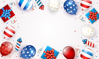 Obraz premium White Background with Balloons and Independence Day Fireworks