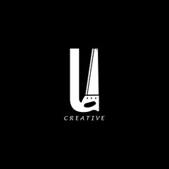 Hand saw concept simple flat U letter logo design
