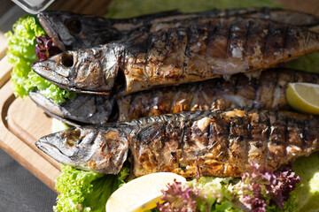 delicious food baked fish with salad