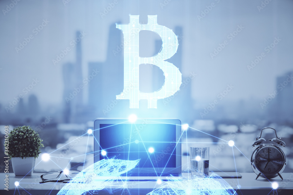 Aufkleber double exposure of blockchain and crypto economy theme hologram and table with computer background. 