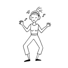 The girl in the headphones listens to music and dances. Black and white doodle illustration. Circuit. Vector