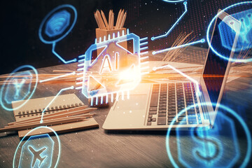 Multi exposure of table with computer on background and data theme drawing. Concept of innovation.