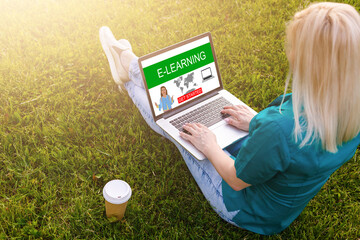 education, campus, summer, communication, technology, education. woman with laptop and e-study