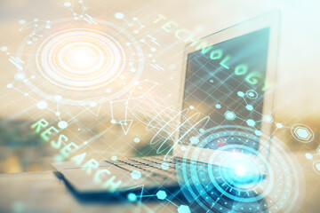 Double exposure of desktop with computer on background and tech theme drawing. Concept of big data.