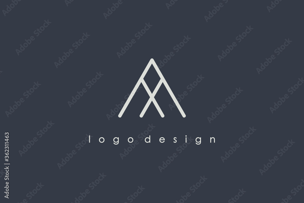 Poster abstract initial letter a and m linked logo. white triangular geometric line style isolated on black