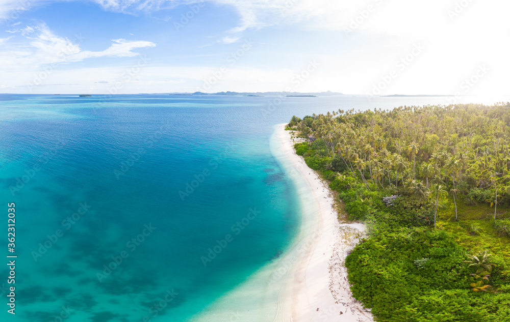 Wall mural Aerial: exotic tropical island white sand beach away from it all, coral reef caribbean sea turquoise water. Indonesia Sumatra Banyak islands