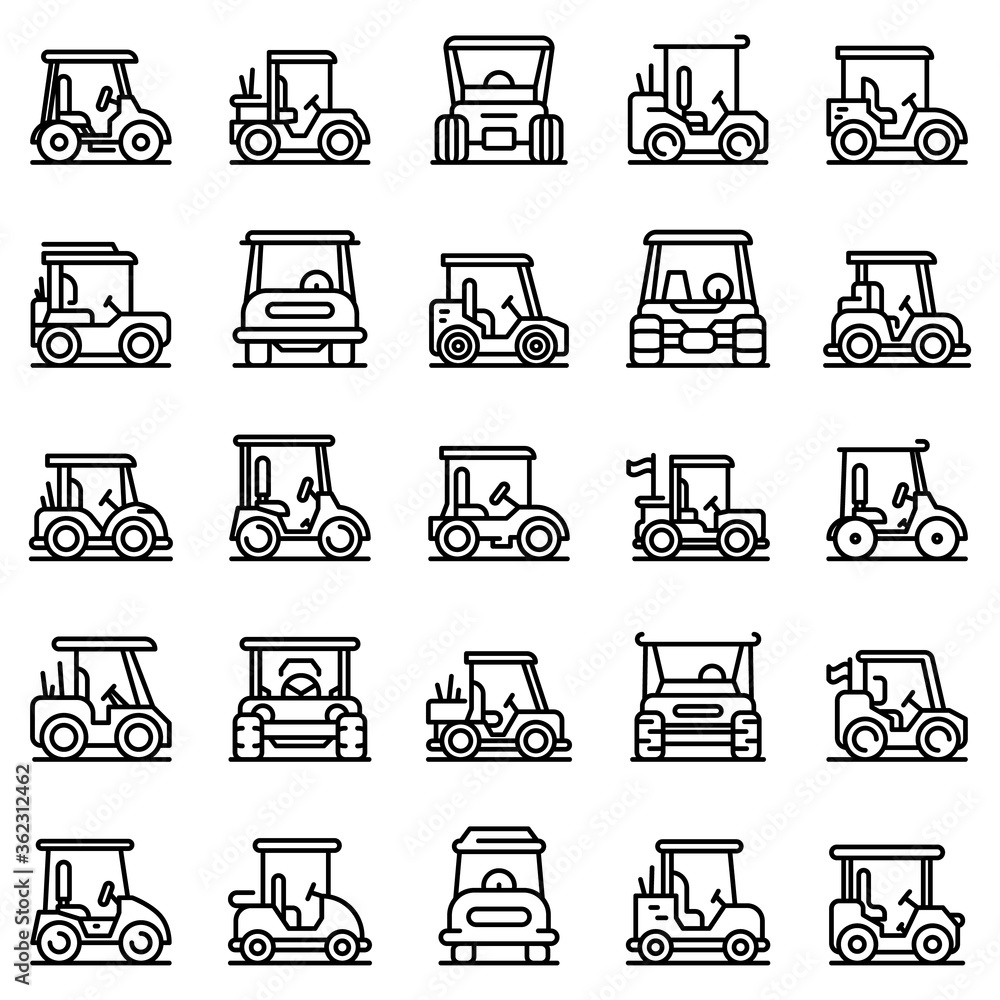 Poster golf cart icons set. outline set of golf cart vector icons for web design isolated on white backgrou