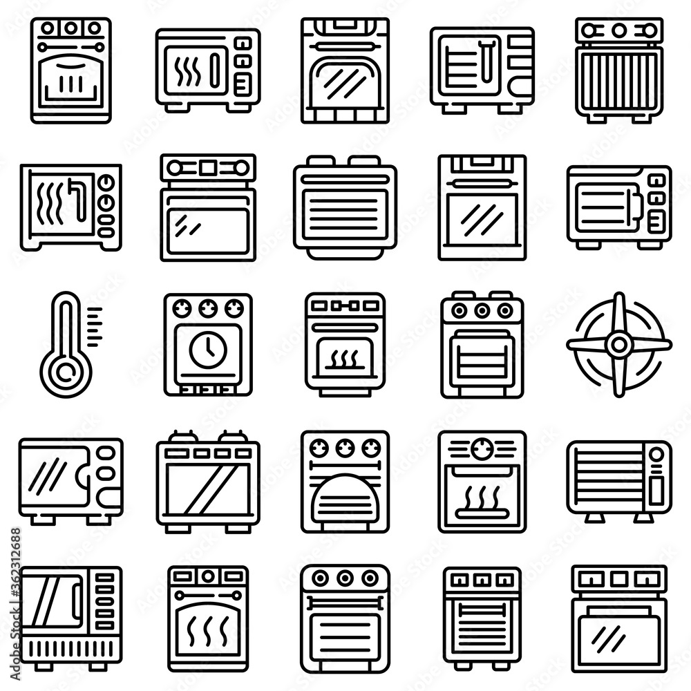 Poster Convection oven icons set. Outline set of convection oven vector icons for web design isolated on white background