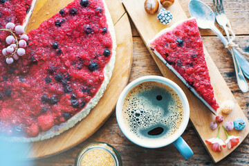  cheesecake, vanilla cream cake with berry jelly crust and aromatic coffee. breakfast sweets