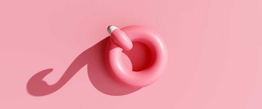 Top view flamingo floating on pink background. 3d rendering